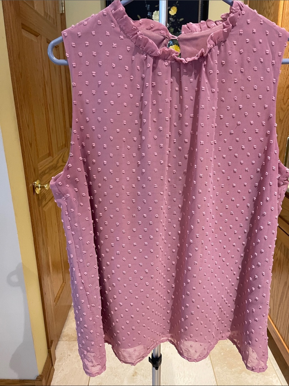 Sleeveless Ruffle Neck Swiss Dot Top - Dusty Rose